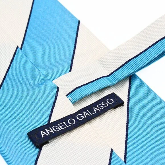 Authentic Angelo Galasso Turquoise Beige Stripes Italy 100% Silk Tie